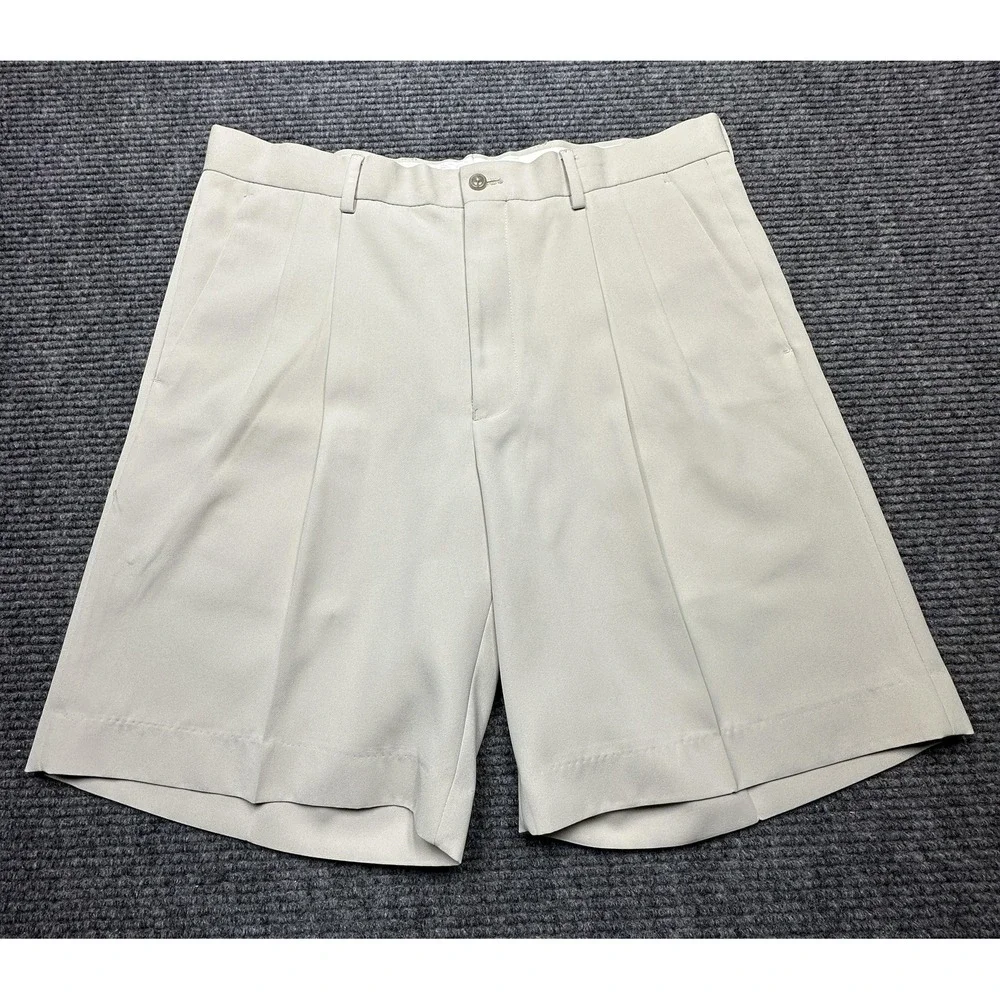 Alan Flusser Golf Shorts Mens 35 Beige Pleated Front Polyester Dress Casual‎